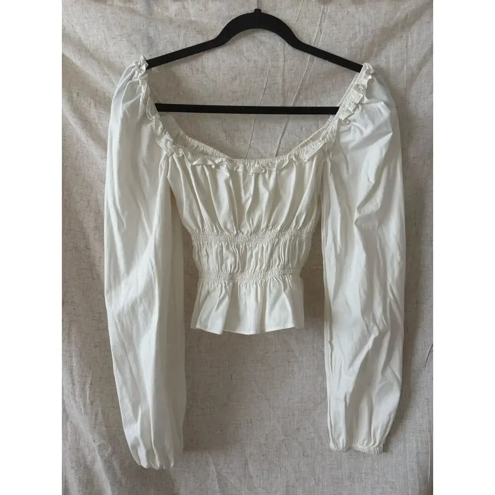 Reformation Fern White Poplin Peplum Long Sleeve Top Sz. S